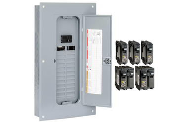Gray electrical breaker panel with open door and several black circuit breakers beside it