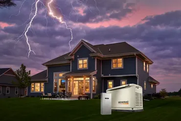Stormy evening over a suburban house with lightning and a backup generator in the foreground
