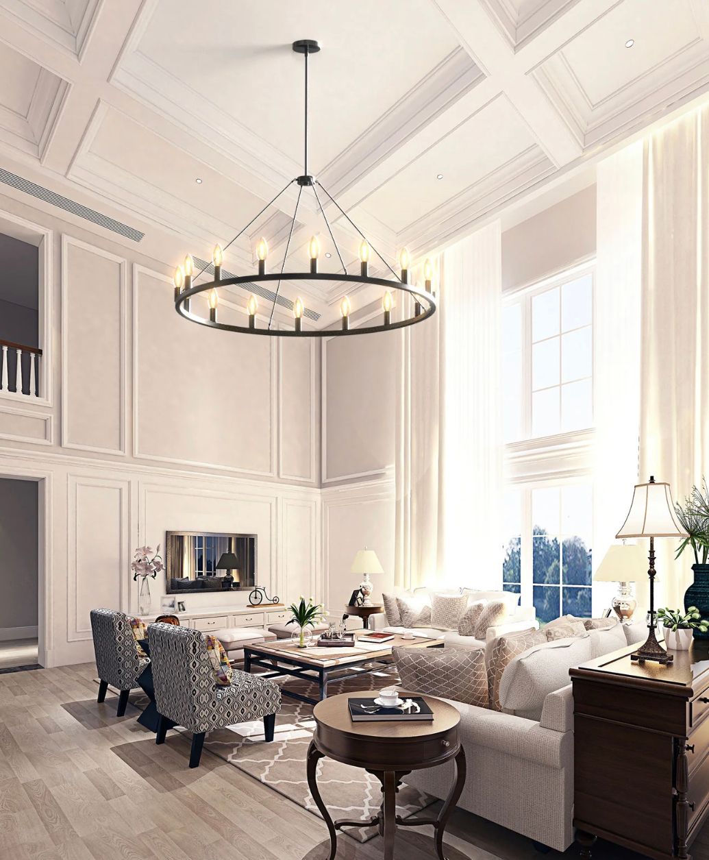 Bright, elegant living room with vaulted ceiling, chandelier, neutral furniture, and large windows