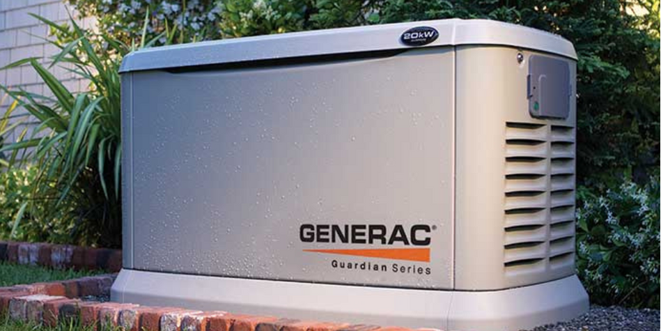 Beige Generac home standby generator on a brick patio beside greenery and a brick wall.
