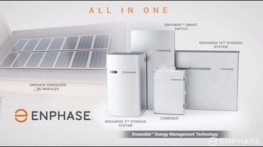 Enphase solar energy system diagram with panels, battery, inverter, and load center on a white background