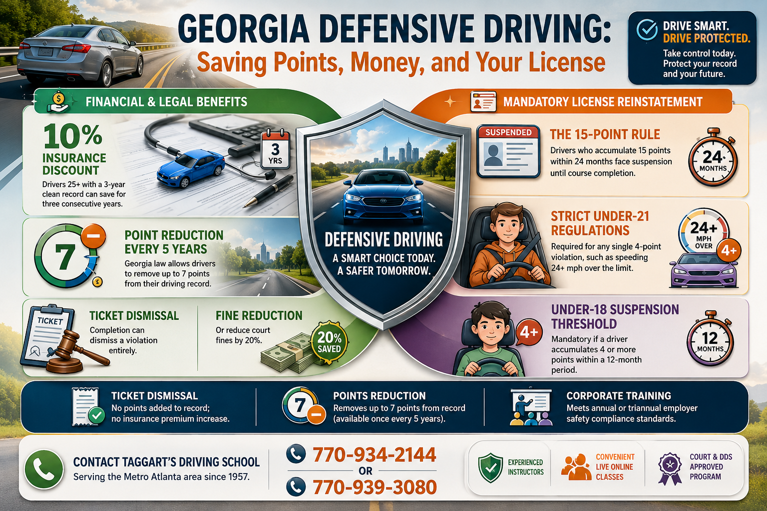 Georgia Defensive Driving flyer with driving school info, benefits, and contact numbers in blue and orange.