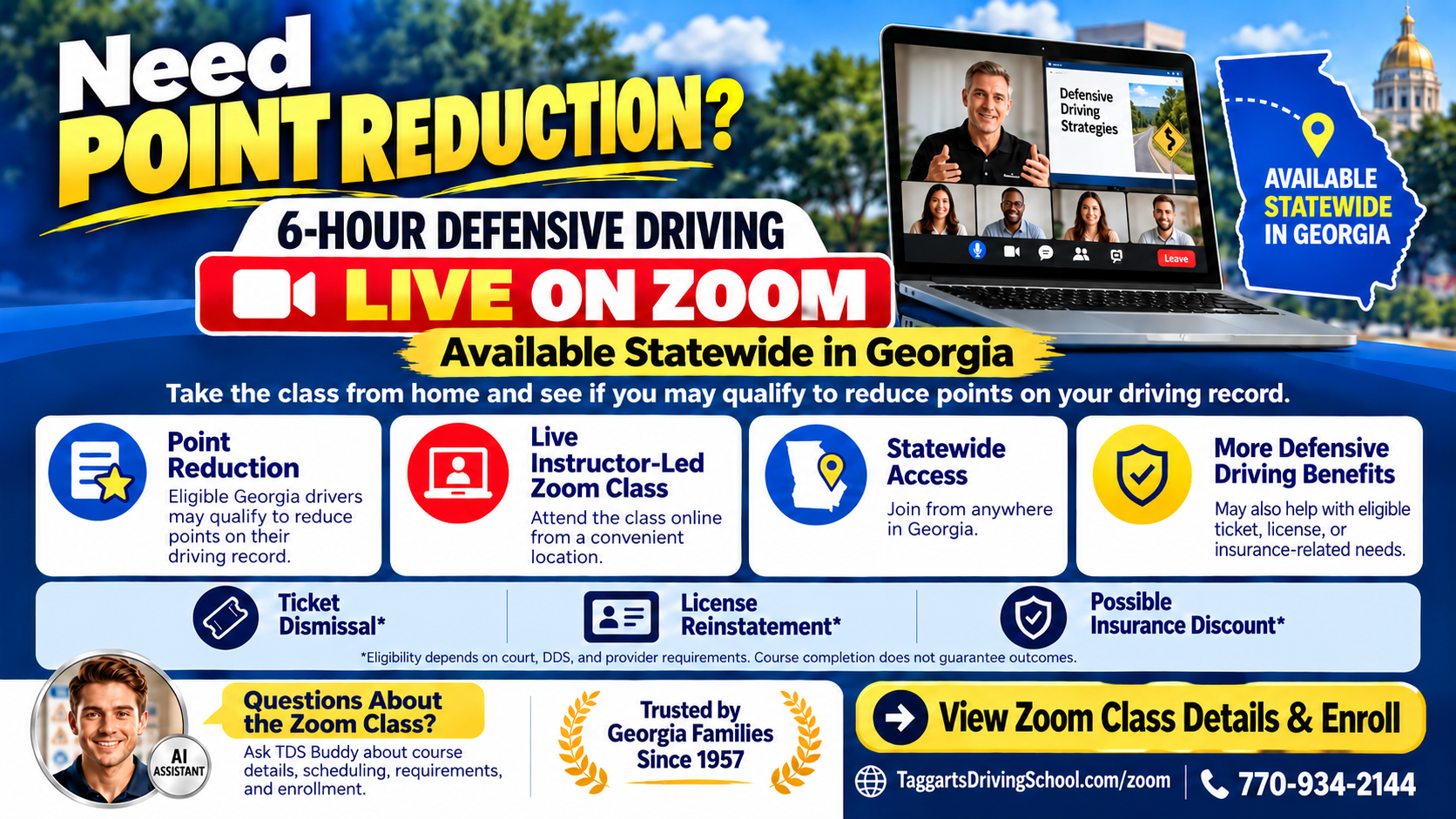 Georgia Defensive Driving flyer with driving school info, benefits, and contact numbers in blue and orange.