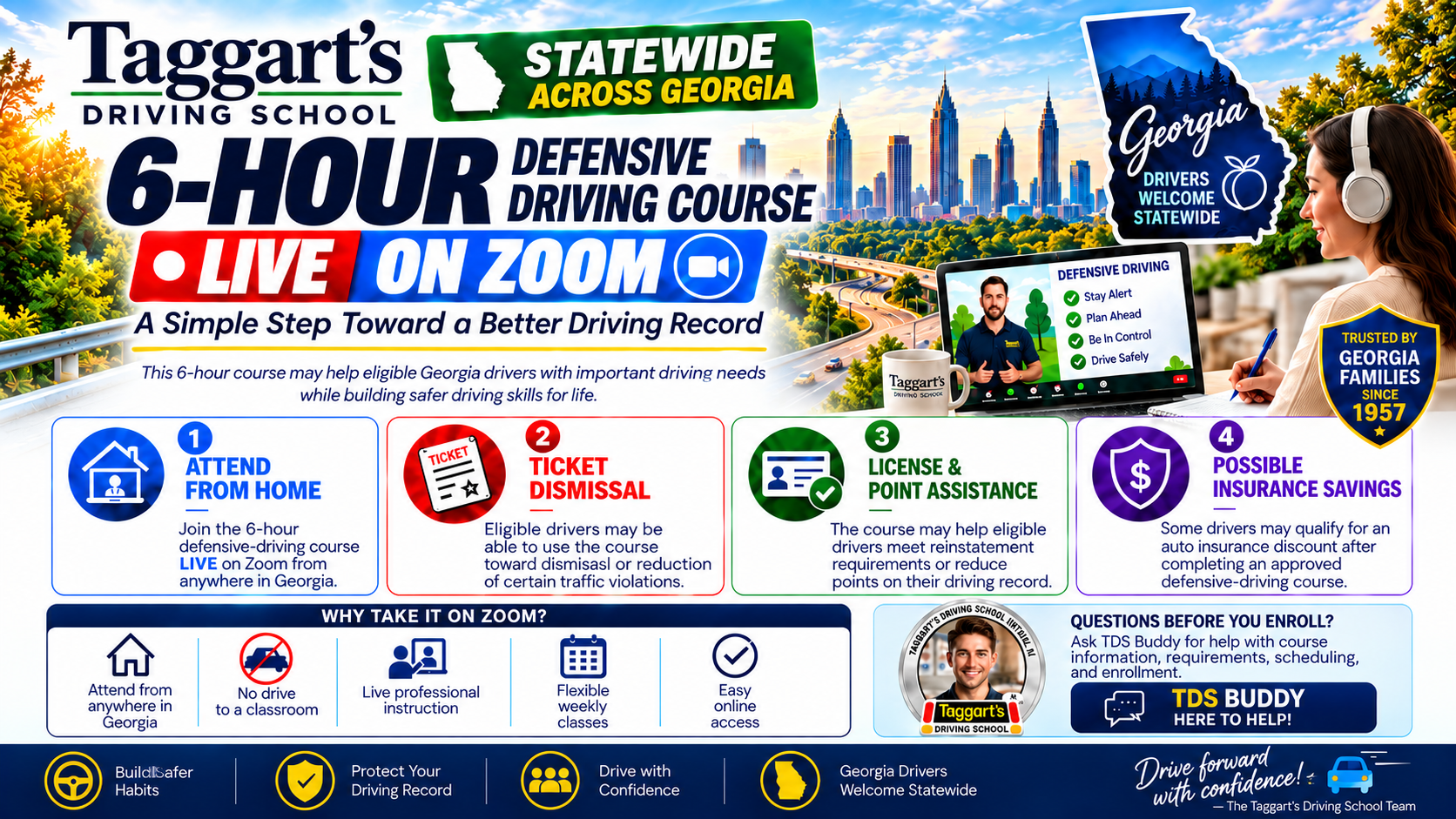 Infographic about a 6-hour driver's course in Georgia. It covers benefits, how to enroll, and course logistics.
