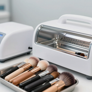 Pennelli da trucco e astuccio per cosmetici su un tavolo bianco.