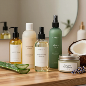 Flaconi e vasetti di prodotti naturali per la cura della pelle su un vassoio di legno con aloe vera e lavanda.