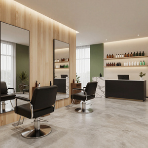 Salone di parrucchiere moderno con poltrone per lo styling, specchi, scaffali per i prodotti e un'elegante reception.