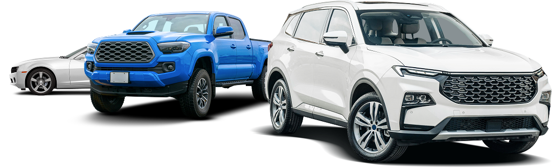 Two SUVs, one blue pickup and one white SUV, displayed on a white background | AACCEL Emissions & Auto Repair Specialists