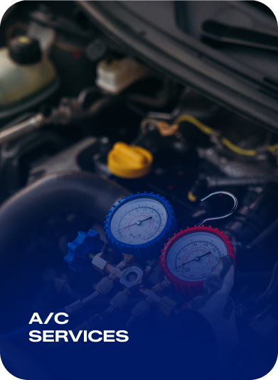A/C service gauges and engine bay components with “A/C Services” text overlay | AACCEL Emissions & Auto Repair Specialists