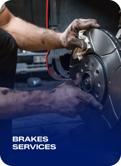 Mechanic installing a car brake rotor, with “Brakes Services” text on a blue background | AACCEL Emissions & Auto Repair Specialists