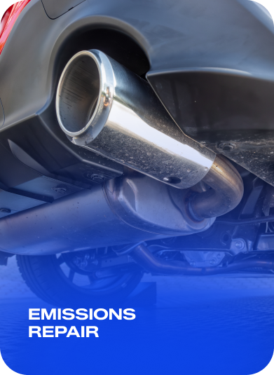 Car exhaust tailpipe with blue overlay and the text “EMISSIONS REPAIR” | AACCEL Emissions & Auto Repair Specialists
