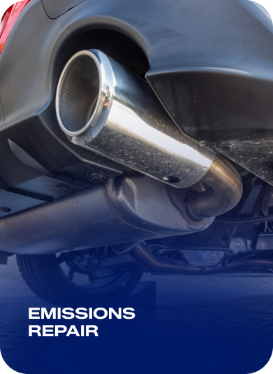 Car exhaust pipe with “Emissions Repair” text on a blue background | AACCEL Emissions & Auto Repair Specialists