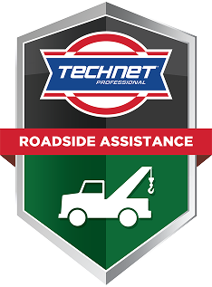 TECHNET roadside assistance logo with green tow truck shield and red banner | AACCEL Emissions & Auto Repair Specialists