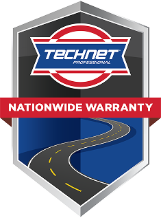 Technet Professional logo with nationwide warranty banner over a shield and winding road graphic | AACCEL Emissions & Auto Repair Specialists