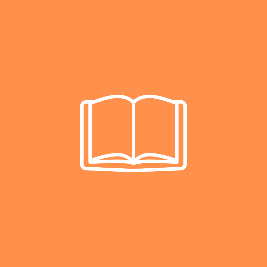 A white icon of an open book on an orange background.