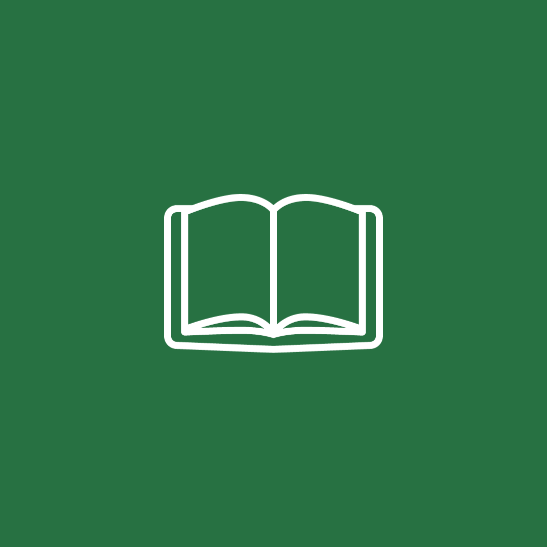 A white icon of an open book on a green background.