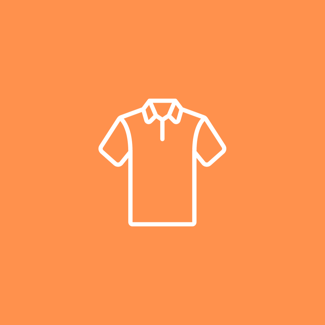 A white line icon of a polo shirt on an orange background.