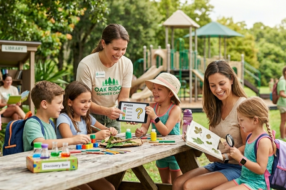 A group of children and adults sitting at an outdoor picnic table, engaged in a learning activity with tablets and books.