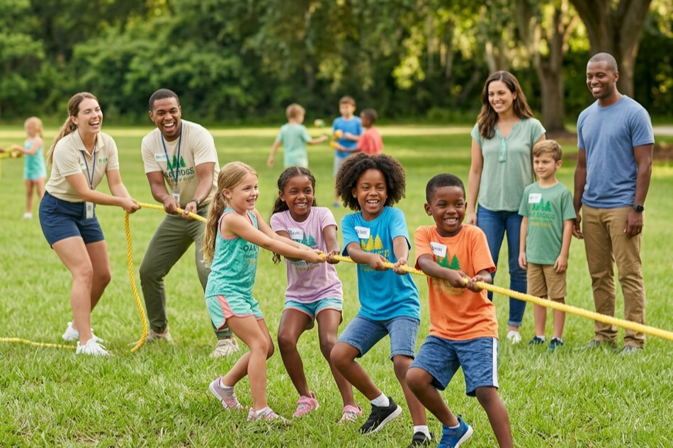 People playing tug-of-war in a grassy field, with adults and children pulling a yellow rope and smiling.