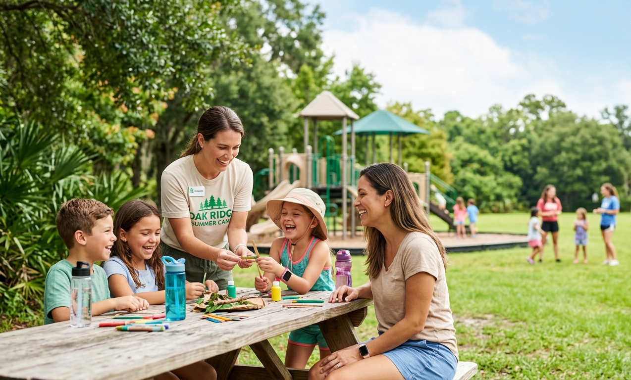 Two instructors and two children craft at a picnic table in a sunny park with a playground in the background.