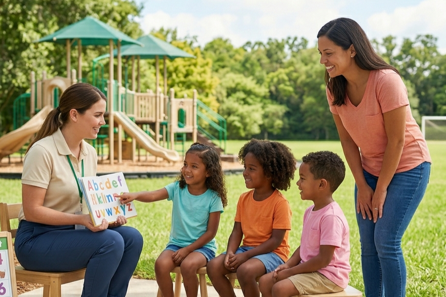 An educator shows an alphabet card to a group of children outdoors while a teacher stands by and watches.