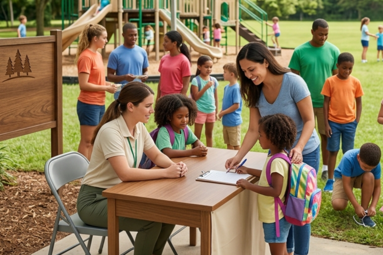 Staff check in children at a registration table outside a playground, with families and community members nearby.