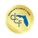 A seal for the Florida Department of Children and Families (DCF) that says quality child care on it.