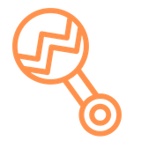 An orange icon of a baby rattle with a chevron pattern on it.