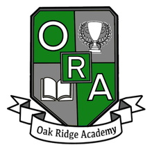 The logo for oak ridge academy has a trophy and a book on it.