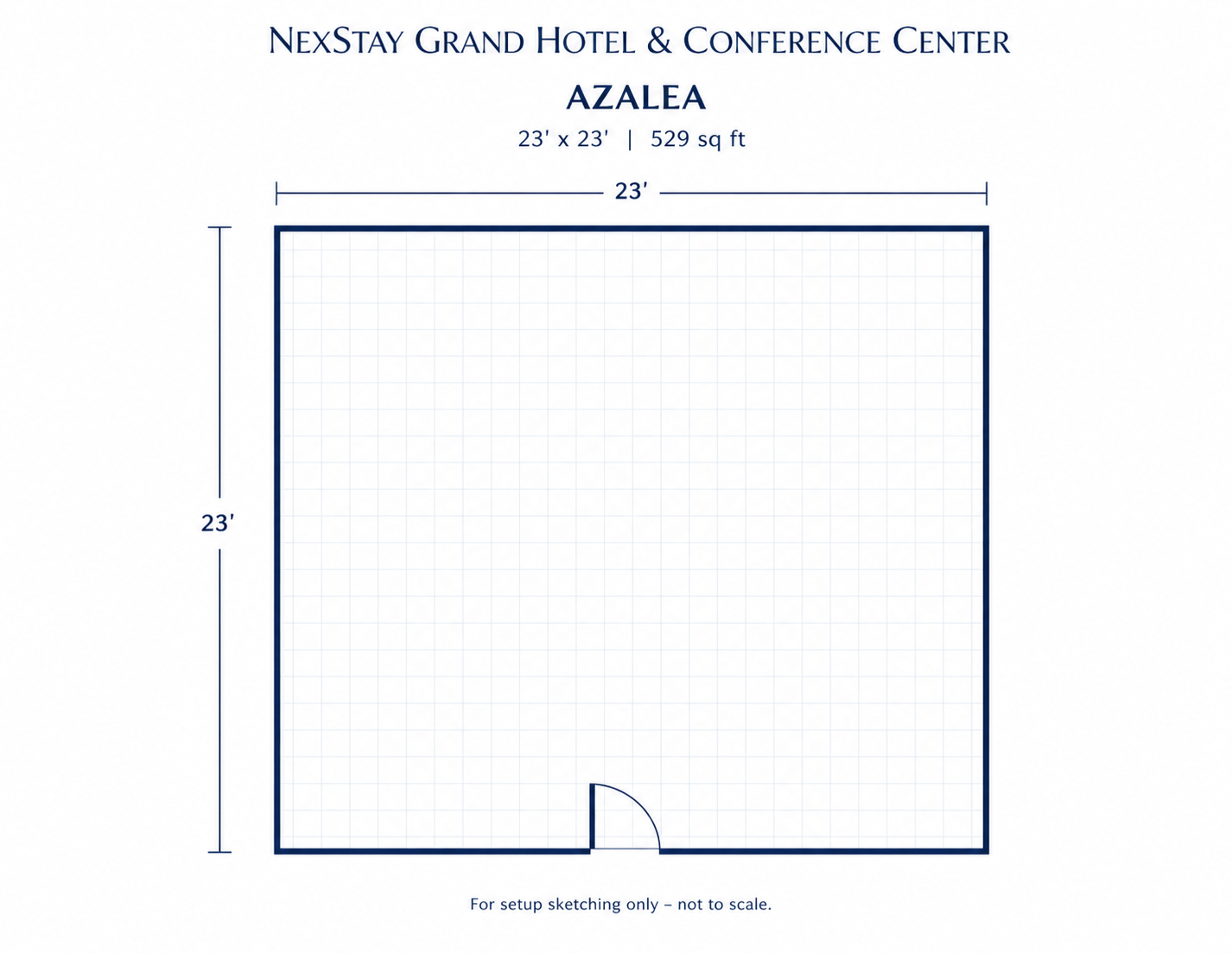 Floor plan of Azalea conference room with dimensions and doorway marked.