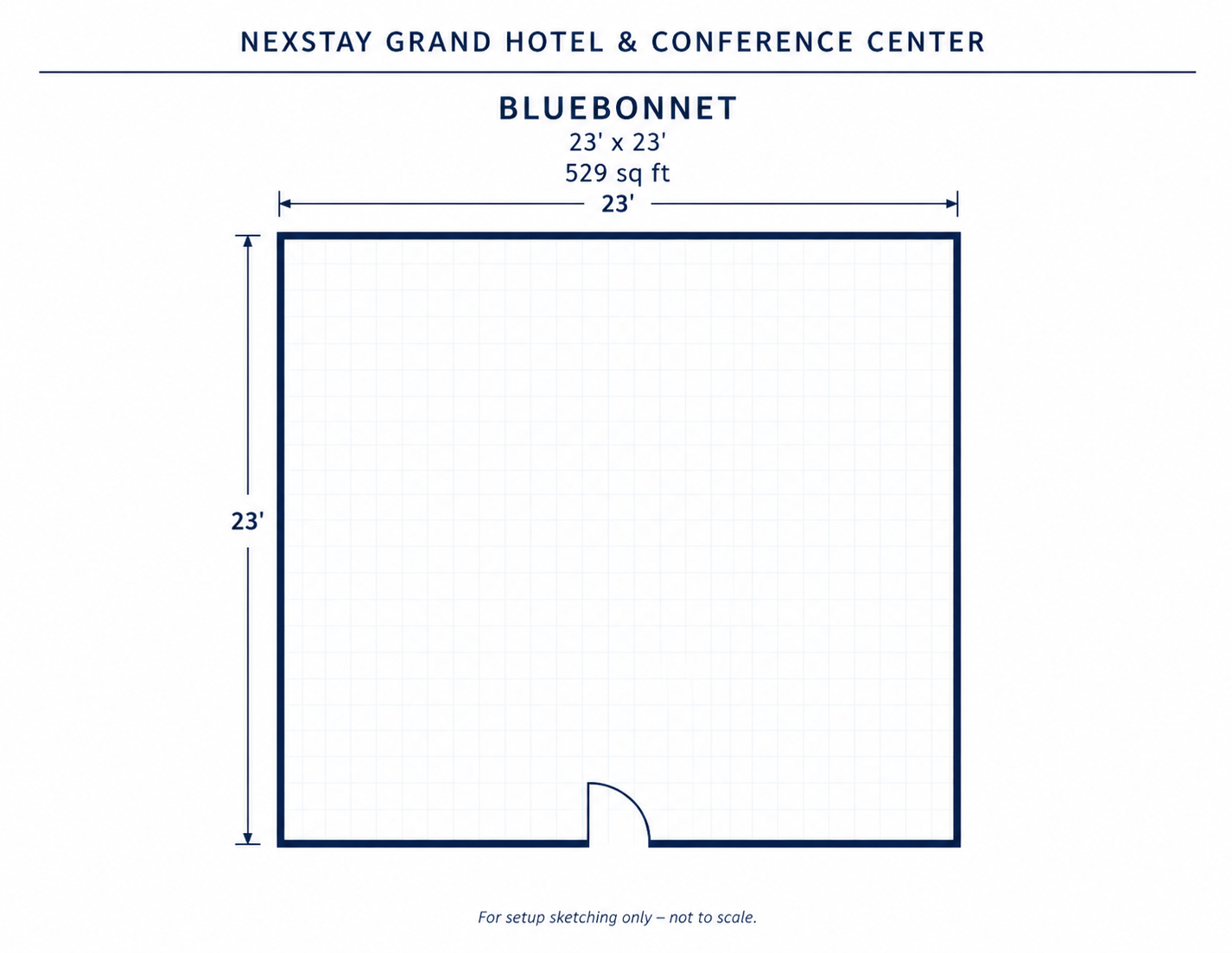 Floor plan labeled “Bluebonnet” at Nexstay Grand Hotel & Conference Center, with room dimensions and doorway.