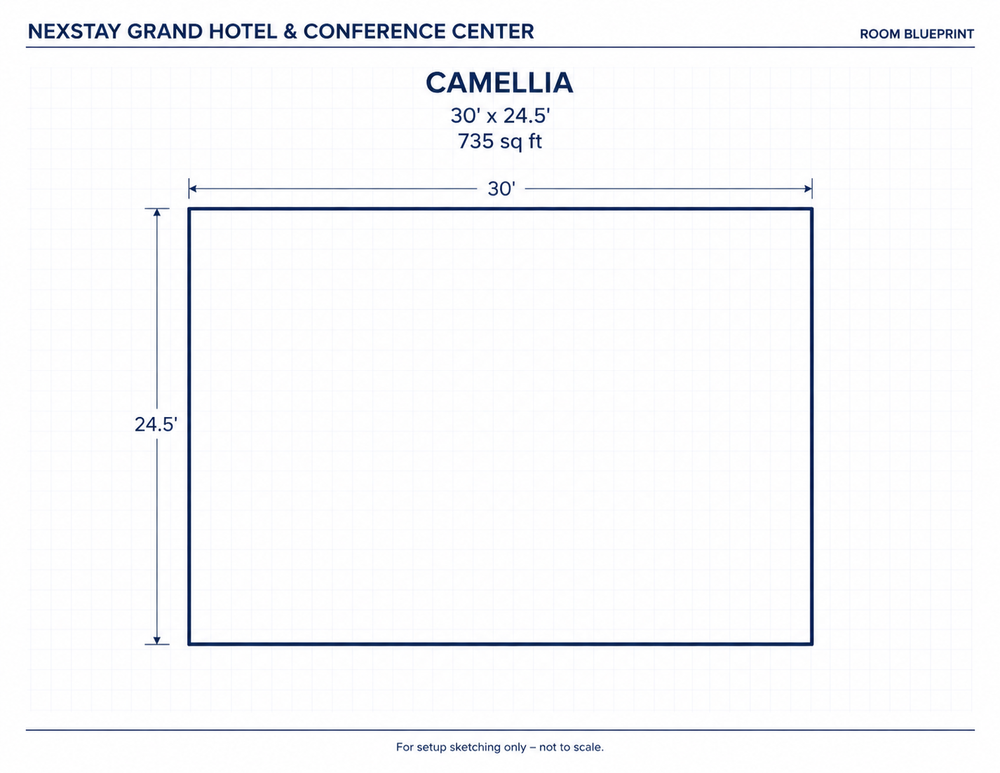 Floor plan sketch of Camellia room at NEXSTAY Grand Hotel & Conference Center, 30' x 24.5'