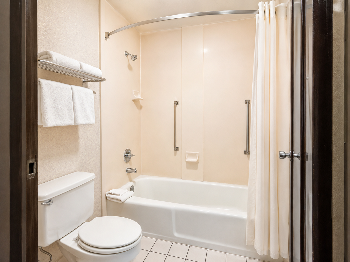 Accessible beige bathroom with tub-shower, grab bars, raised toilet, and towel rack