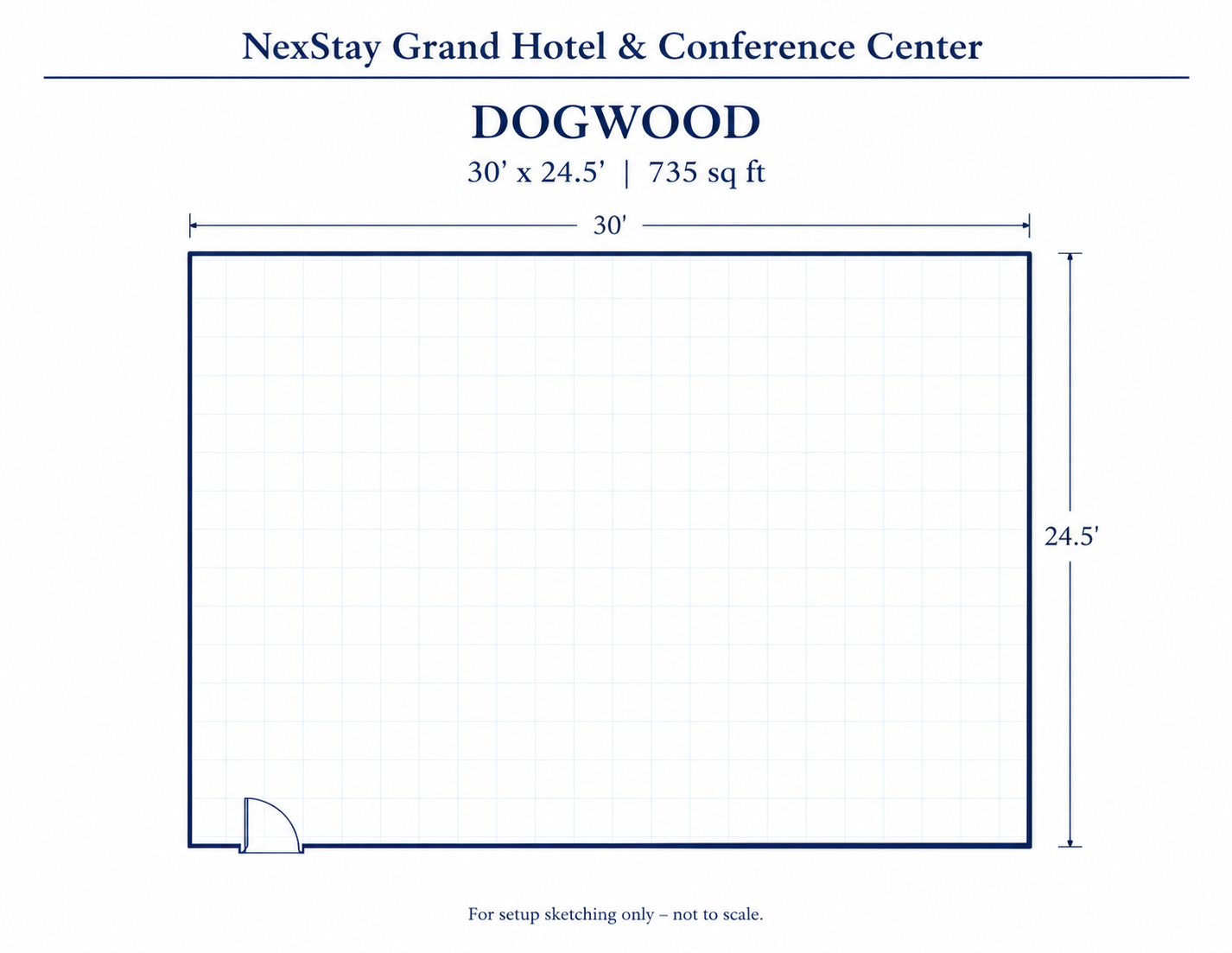 Floor plan of the Dogwood conference room at NexStay Grand Hotel, showing room dimensions and doorway.