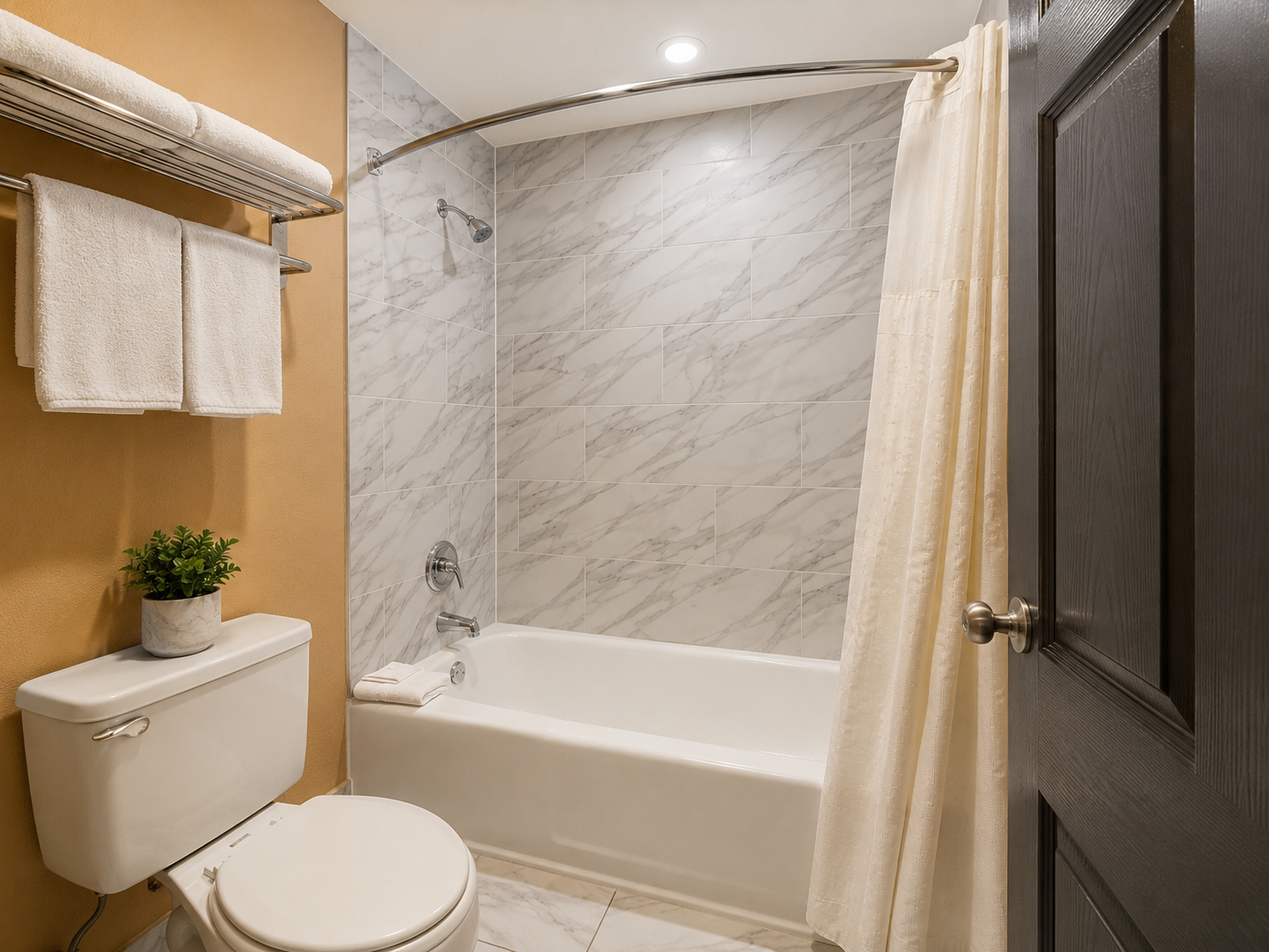 Small bathroom with toilet, bathtub, shower curtain, and towel rack on beige and white walls