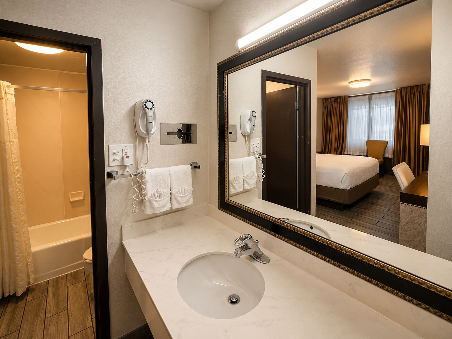 Hotel bathroom vanity with sink and mirror reflecting a bedroom and window curtains