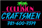 Collision Crafters logo with pink and white text, palm trees, and blue phone number 781-600-7379 on black background
