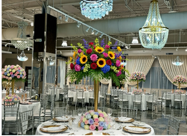Elegant event space with round tables, floral centerpieces, and chandeliers.