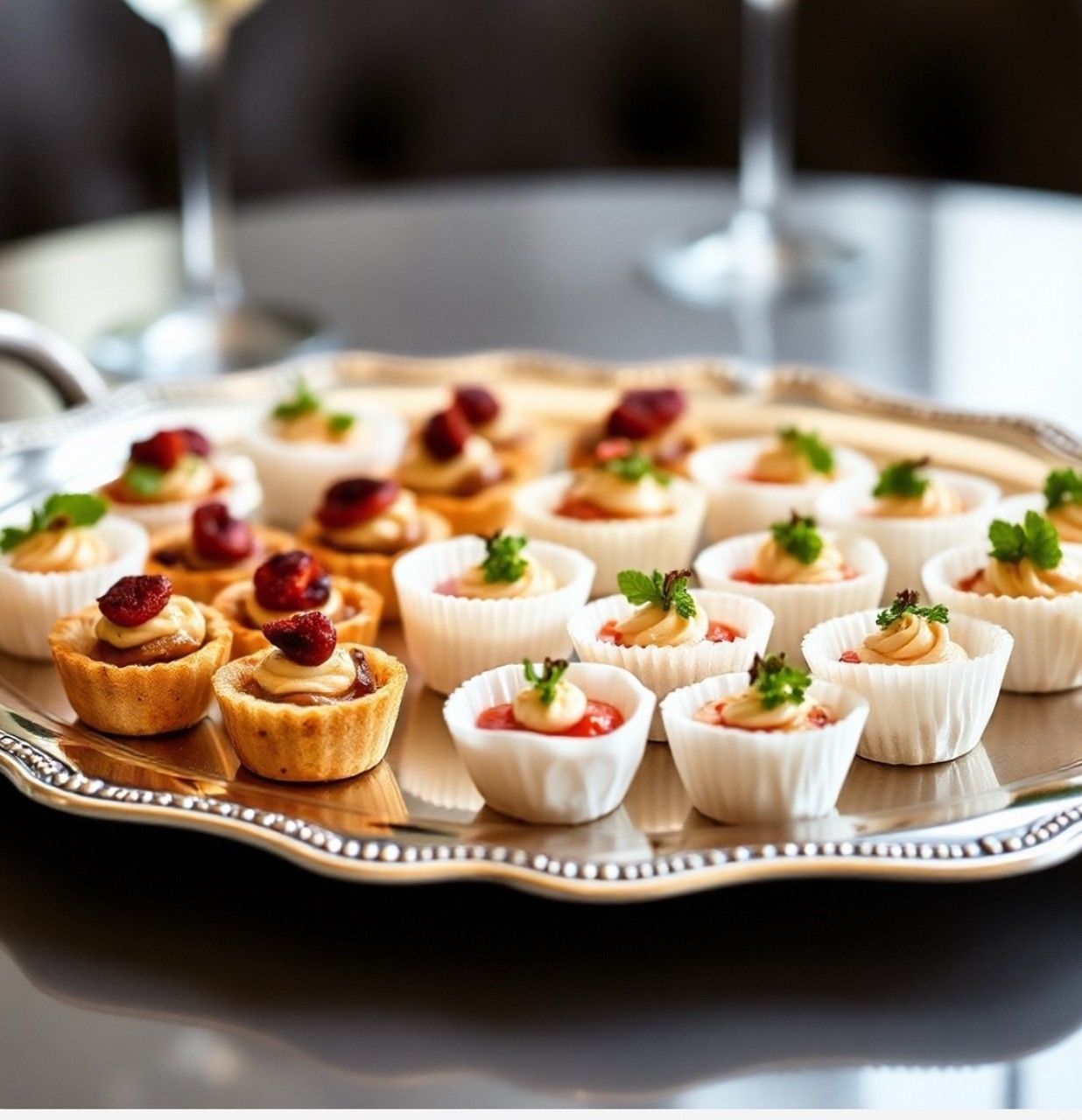 Appetizers in martini glasses with spoons, on a tray. A hand holds a napkin with a logo, next to red flowers.