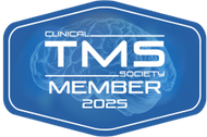 Blue Clinical TMS Society member badge with brain graphic; valid through 2025.