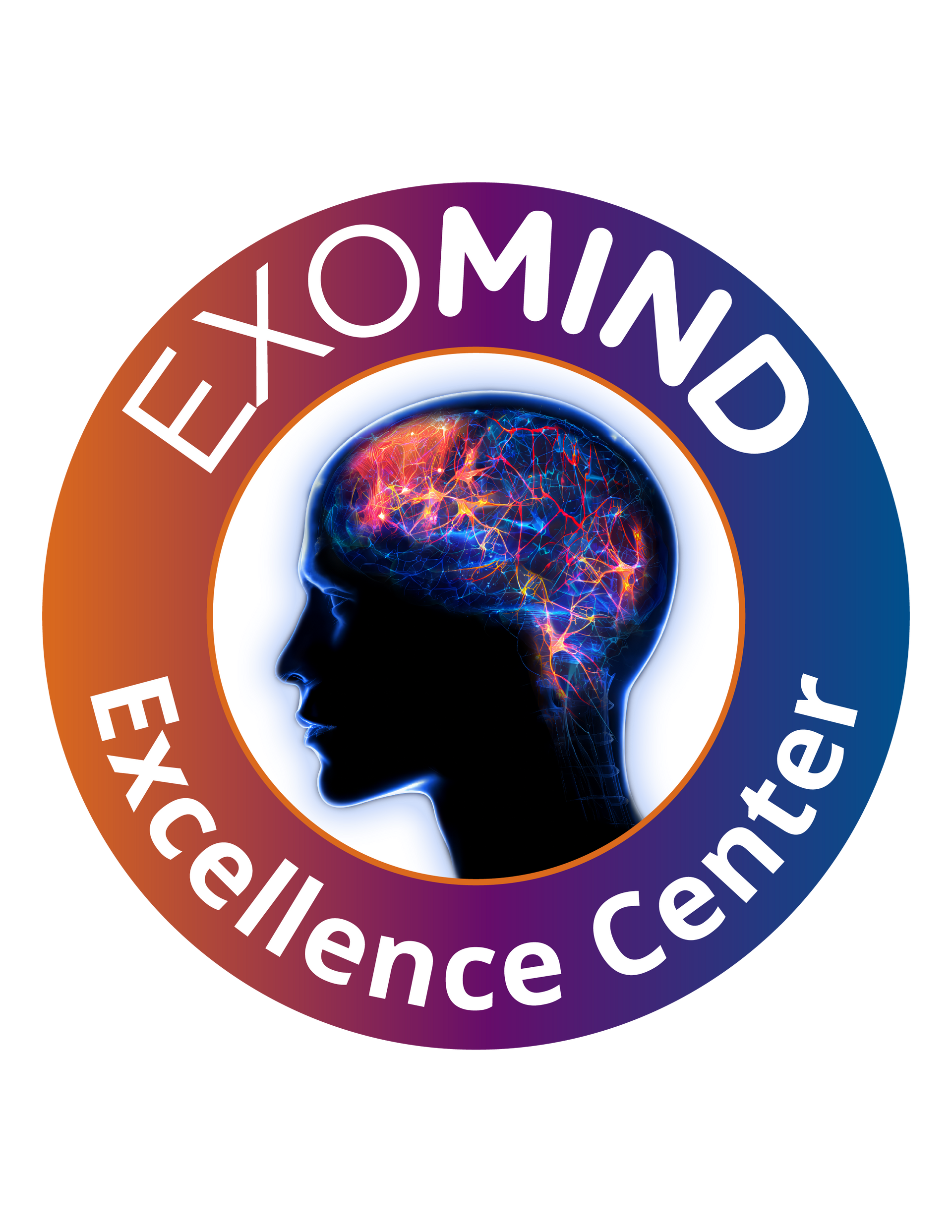Logo for Exomind Excellence Center.  Silhouette head with glowing brain inside a colorful circular frame.