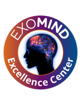 Logo for Exomind Excellence Center.  Silhouette head with glowing brain inside a colorful circular frame.