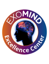 Logo for Exomind Excellence Center.  Silhouette head with glowing brain inside a colorful circular frame.