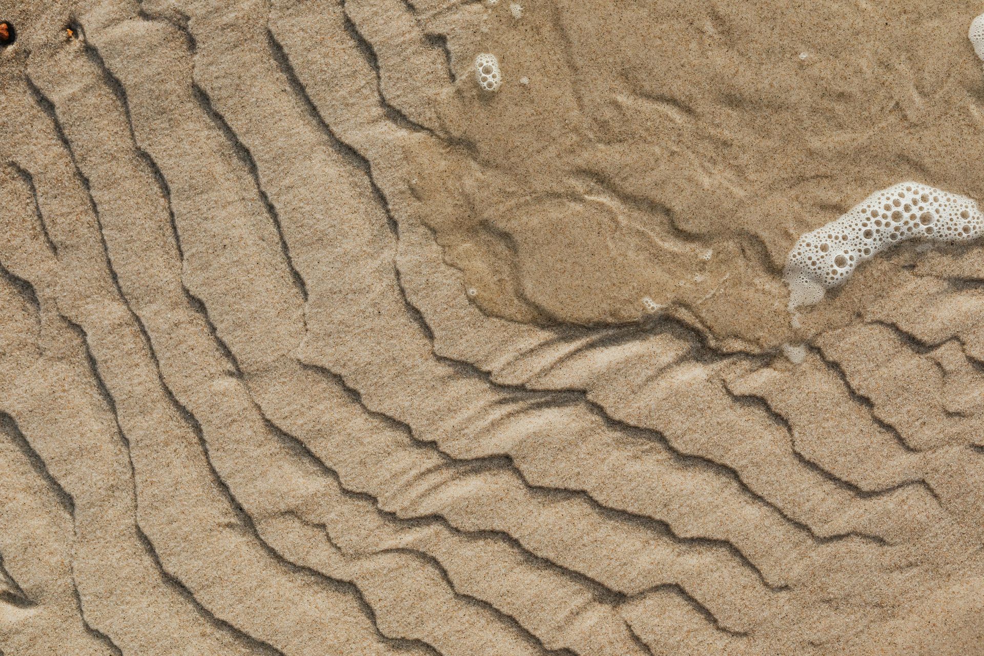 Sand ripples on a beach, tan color, with small waves and foam.
