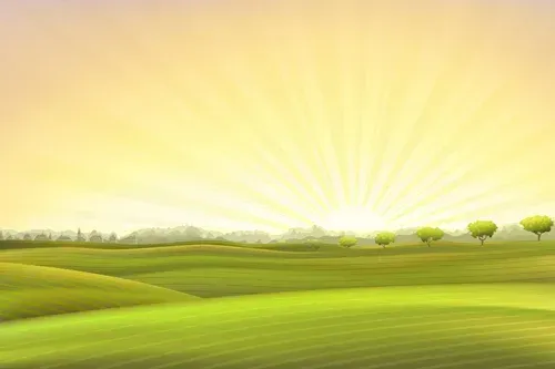 The sun rising over some rolling hills.