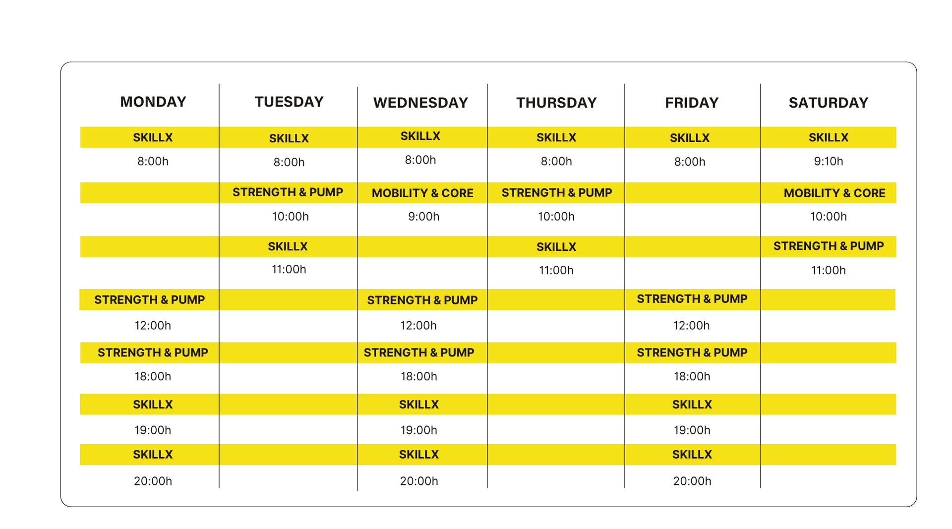 SkillX Class Schedule at Sky Experience