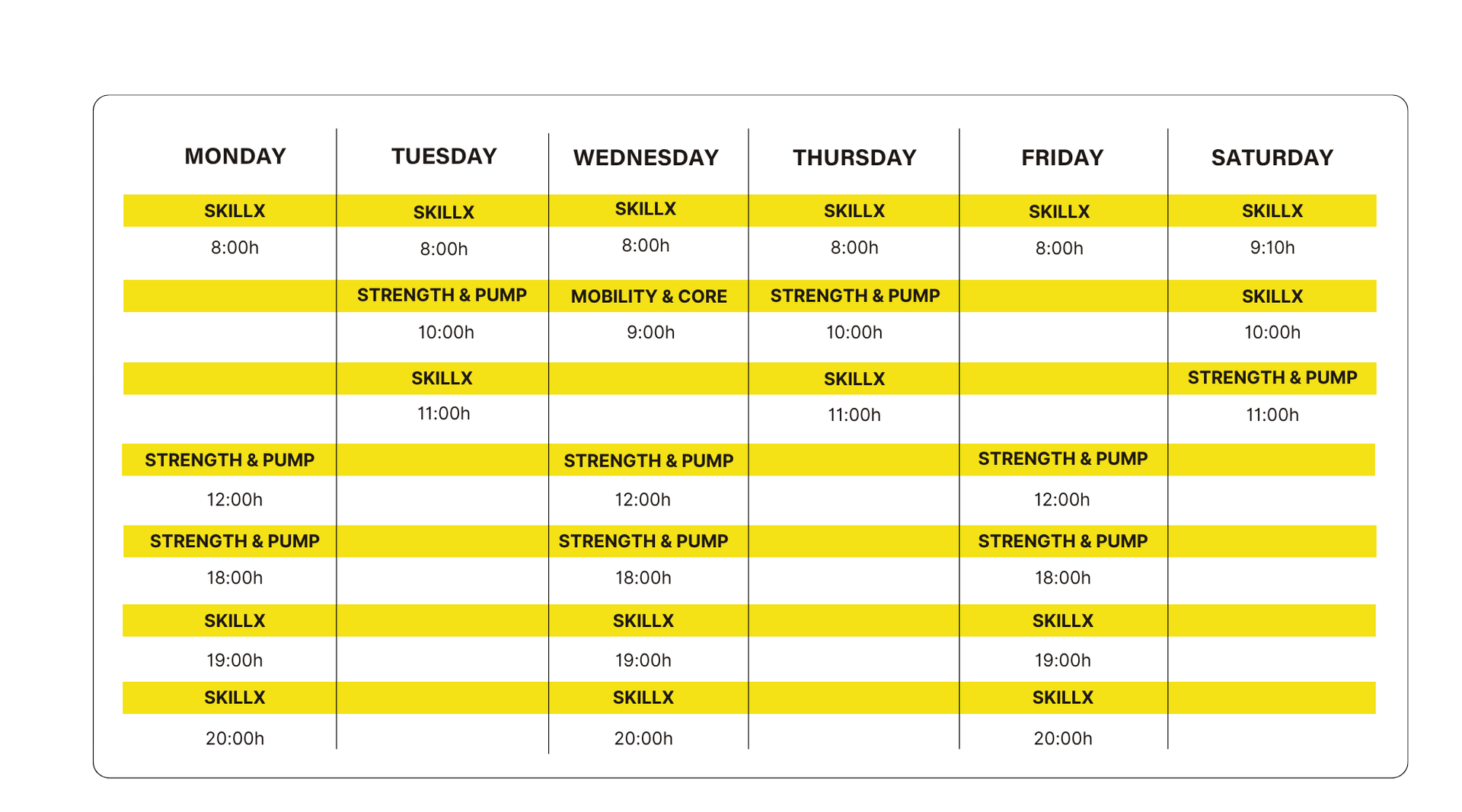SkillX Class Schedule at Sky Experience