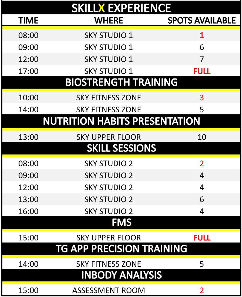 a skillx experience schedule for a gym with spots available