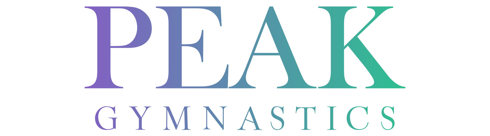 The logo for peak gymnastics is purple and green.