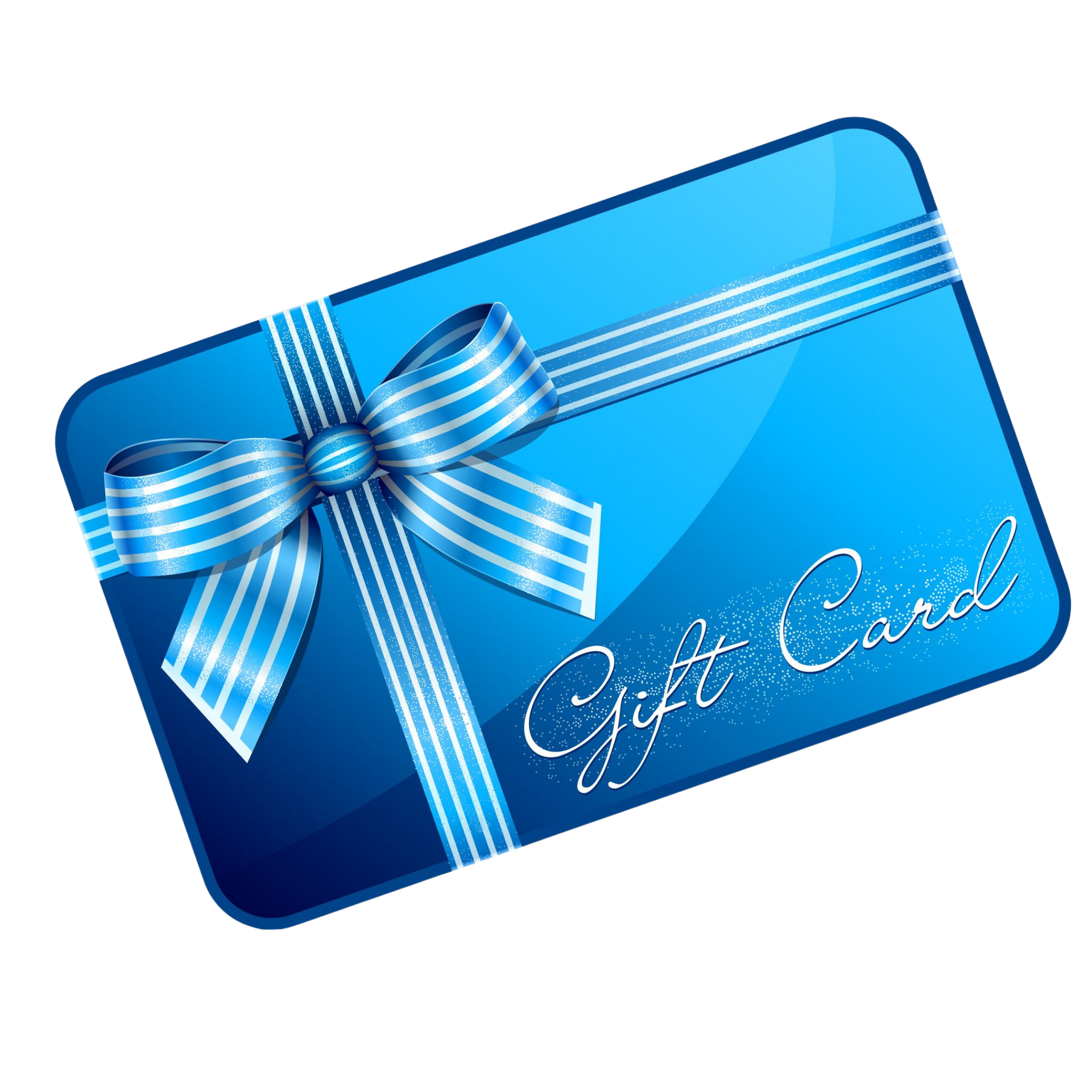 A blue gift card with a blue ribbon and bow